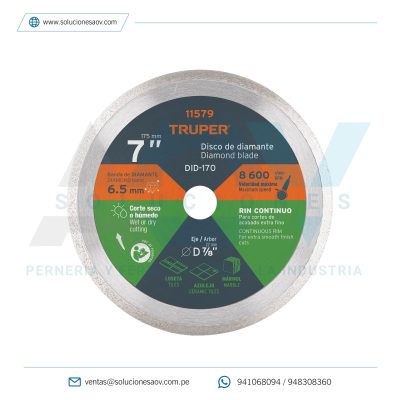 Disco de diamante de 7″ x 2.2 mm, rin continuo, Truper, 11579